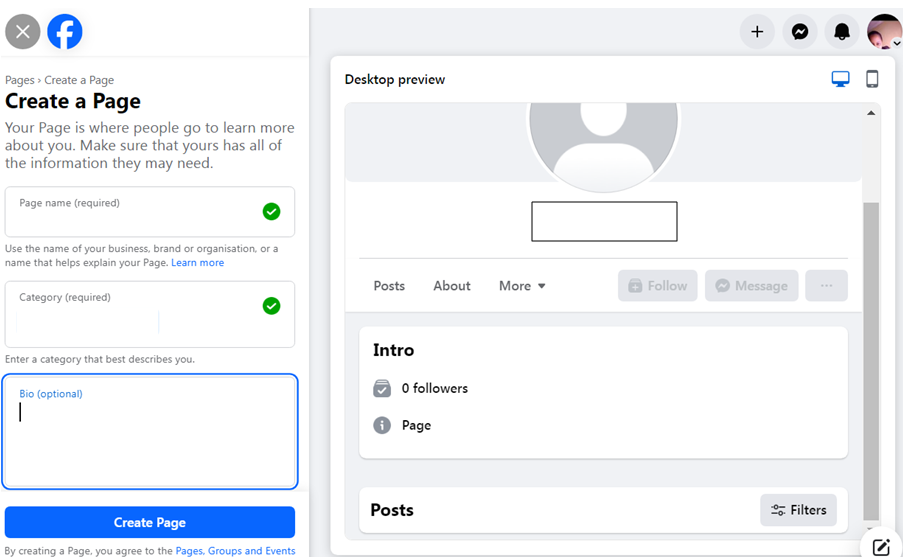 A snapshot of create a page on Facebook