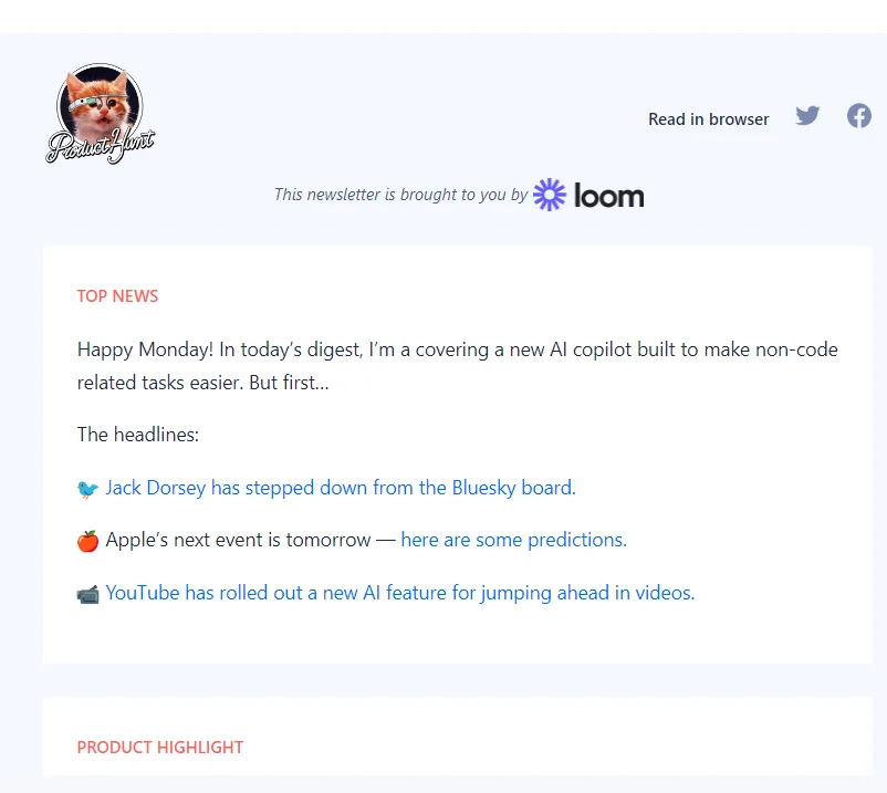 A snapshot of Product Hunt's email marketing campaign for growth hacking