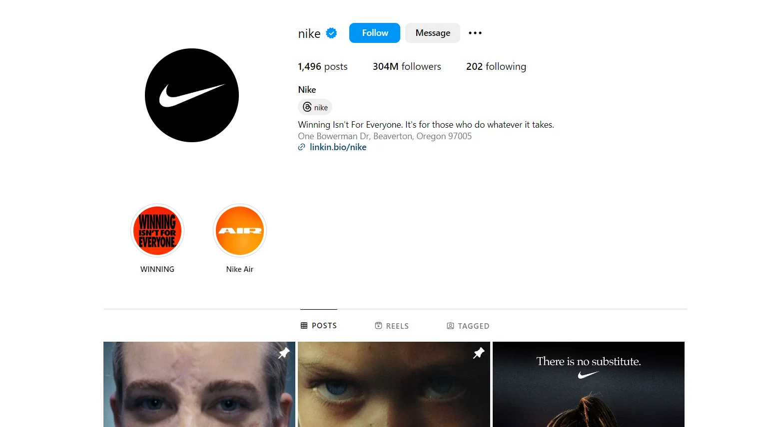 Snapshot of nike's Instagram profile